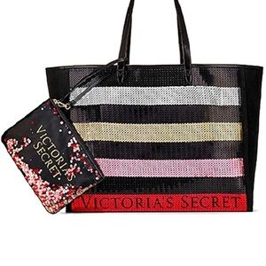NWT Victoria’s Secret sequin canvas holiday bling tote bag and zipper pouch